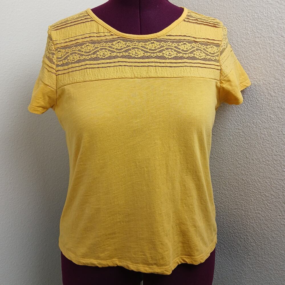 Fig Mustard Yellow Lace Yoke T-shirt XL short sleeve tee cotton blouse top - Picture 5 of 11